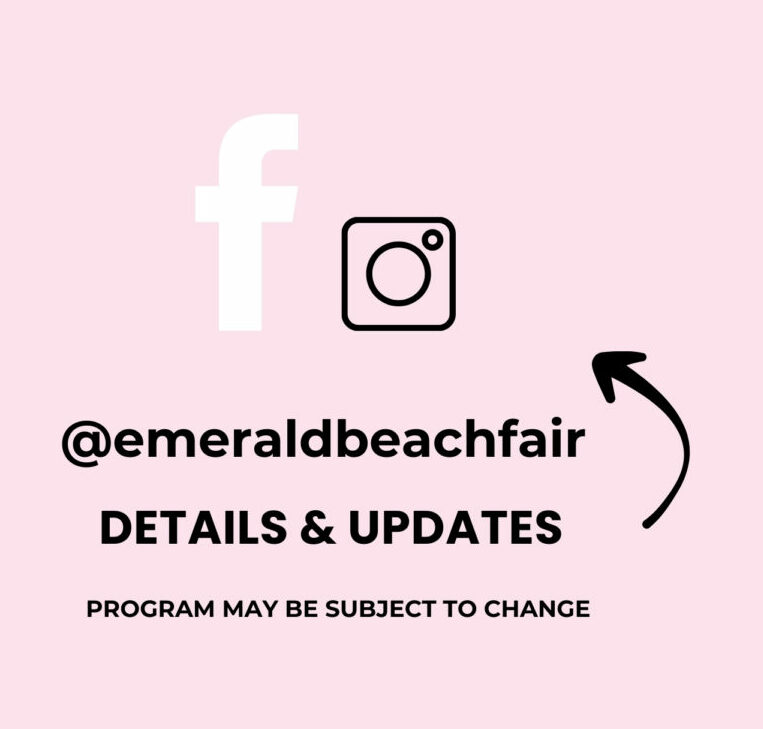 schedule for emerald beach fair, hosted on September 21st, 2024. the EB fair is a family event that takes place in Emerald Beach on the Mid North Coast, just north of Coffs Harbour. The Emerald Beach Fair features a day of Saturday markets, free entry and free family activities.